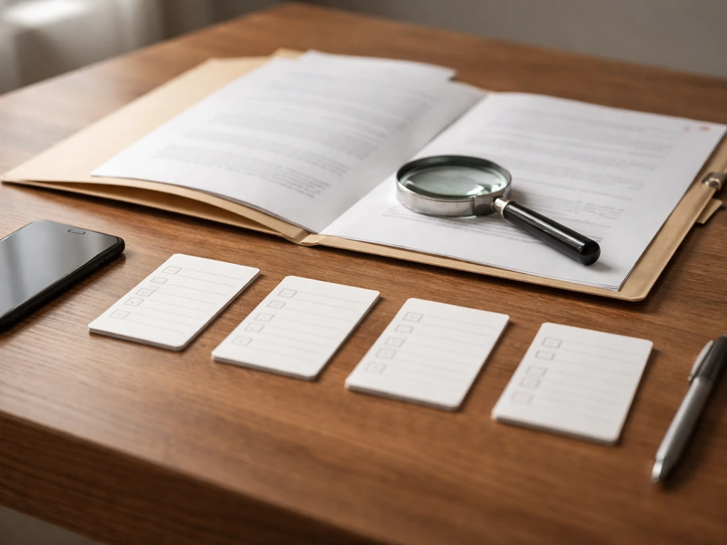 Minimal desk scene with four small checklists and a magnifying glass over documents
