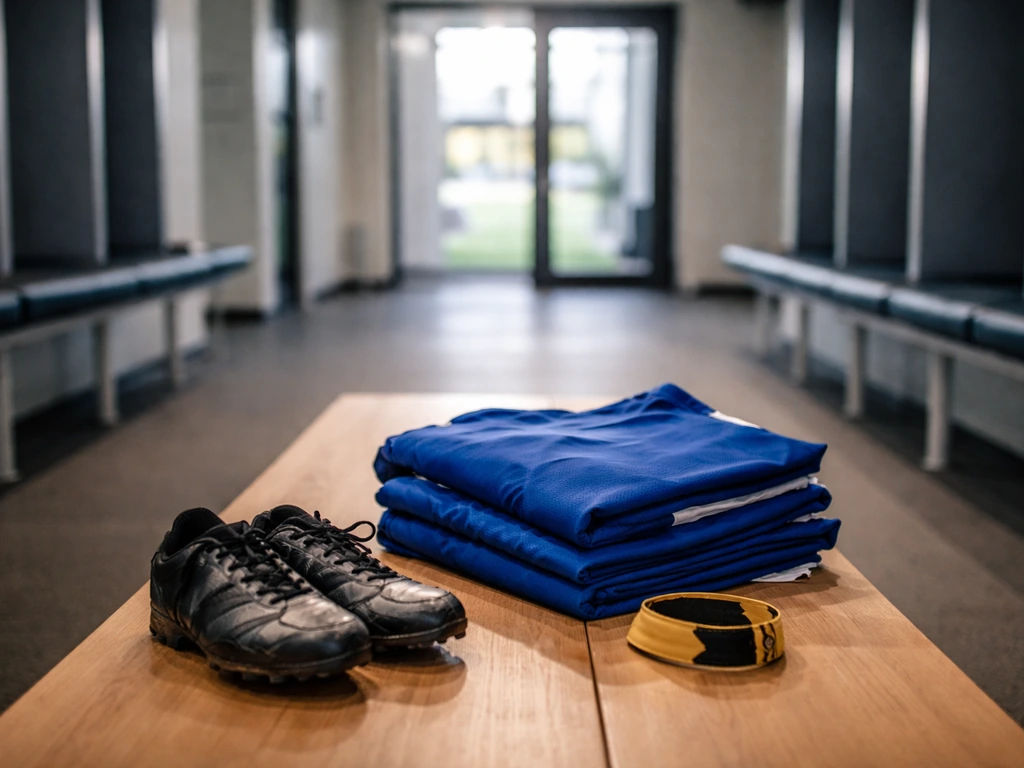Blue football kit and training boots in a quiet club training room, symbolizing a pro career and earnings.