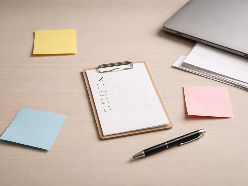 Minimal photo of a blank checklist pad beside a laptop, symbolizing verifying net worth figures.