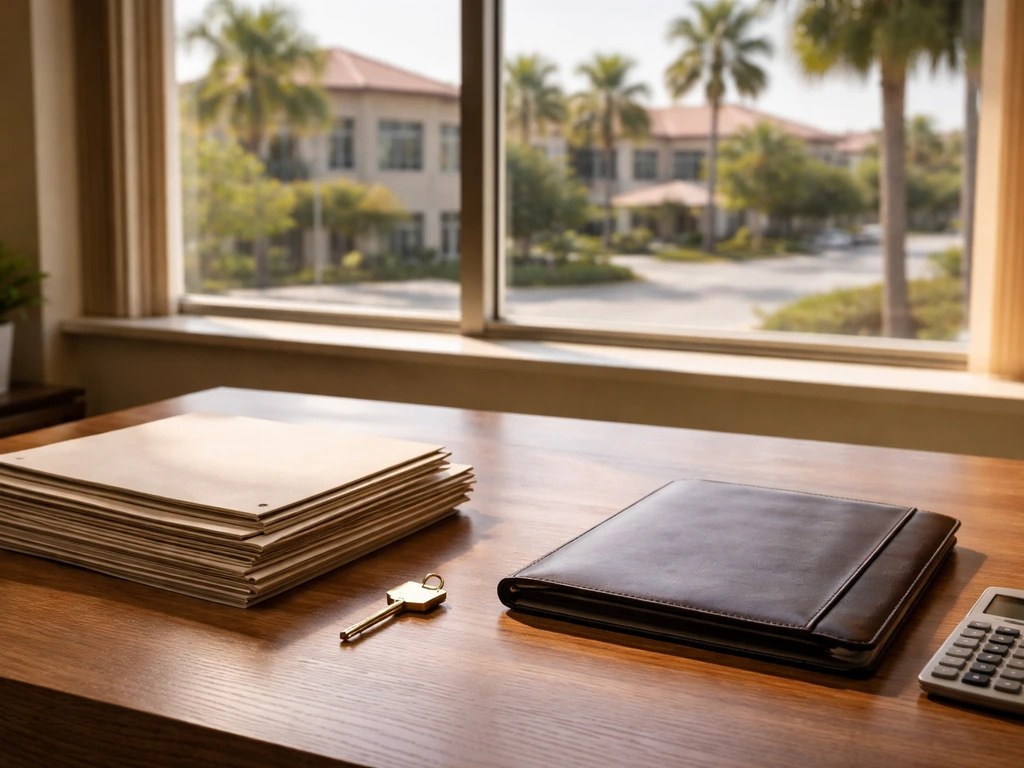 Minimal office desk with real-estate documents, a key, and a view of sunlit Florida-style building exterior.