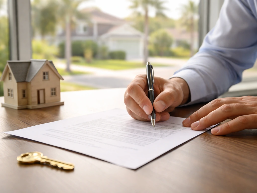Anonymous hands signing real-estate papers with keys and a building model on a desk by a window.