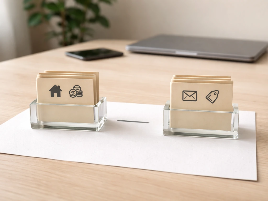 Minimal desk scene with icon-marked asset and debt blocks separated like subtraction.