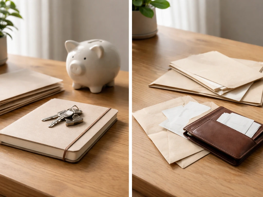 Minimal desk scene symbolizing assets on one side and liabilities on the other, with keys and blank bills.