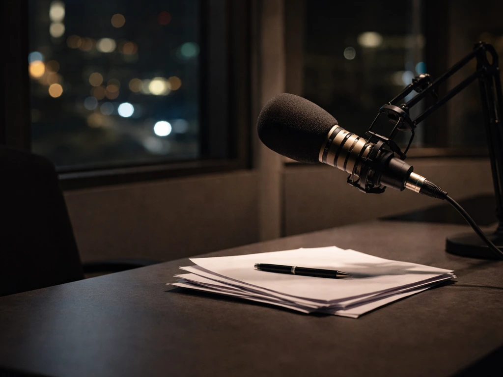 Empty broadcast studio desk with a microphone and papers, suggesting a journalist career and media income.