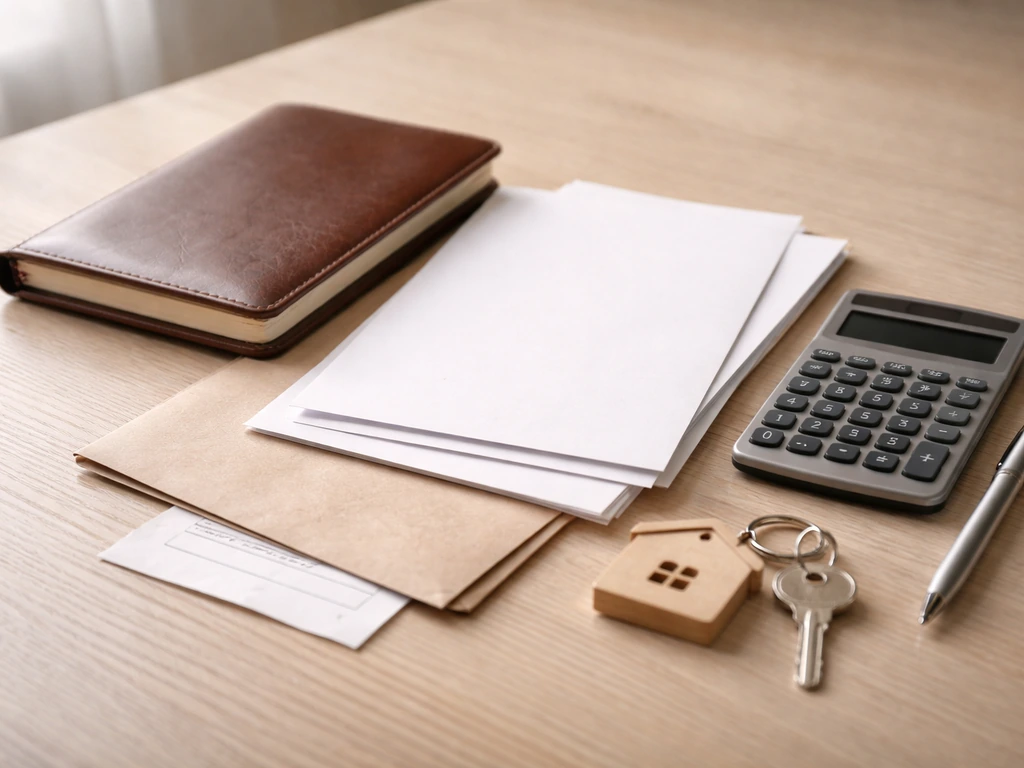 Minimal desk scene with calculator, papers, and asset symbols suggesting net-worth estimation framework.