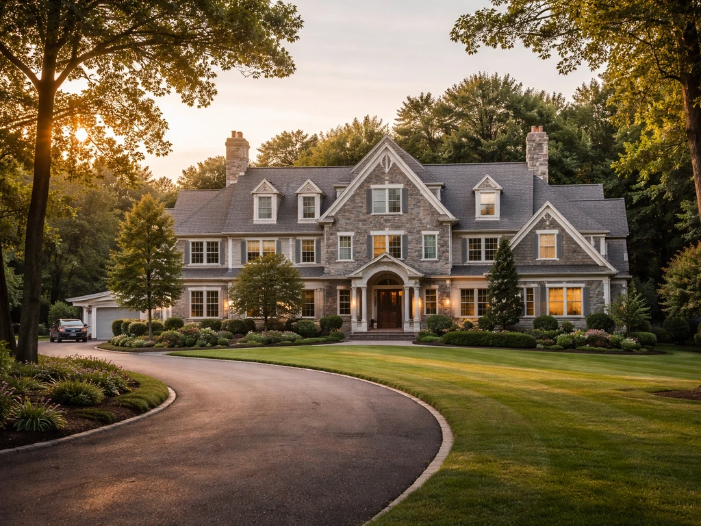 Sunlit suburban estate home with manicured lawn, suggesting acreage and real estate value.