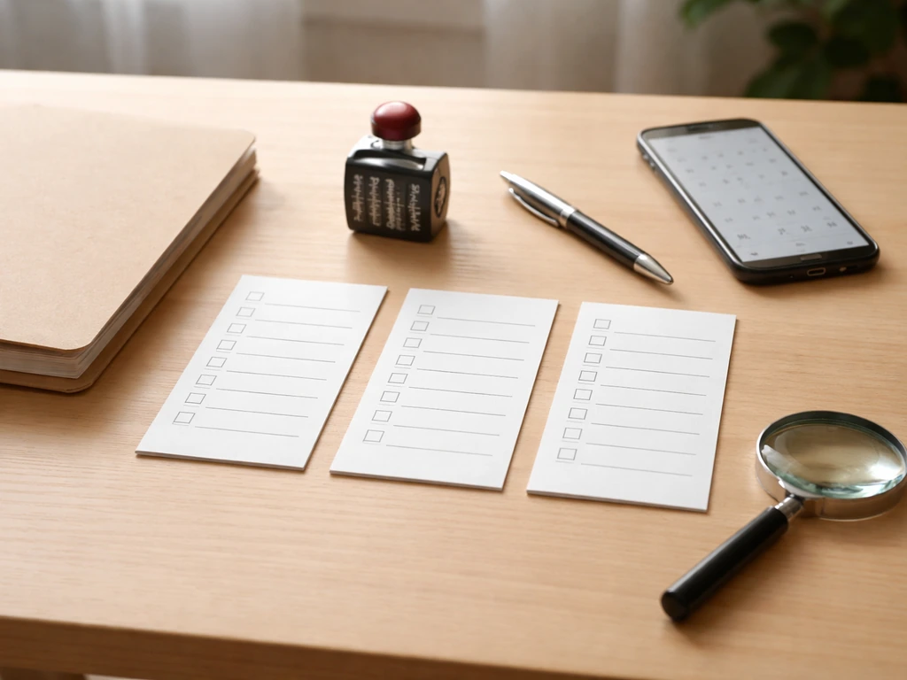 Desk scene with blank checklist cards, date stamp, magnifying glass, and phone suggesting record verification over time.