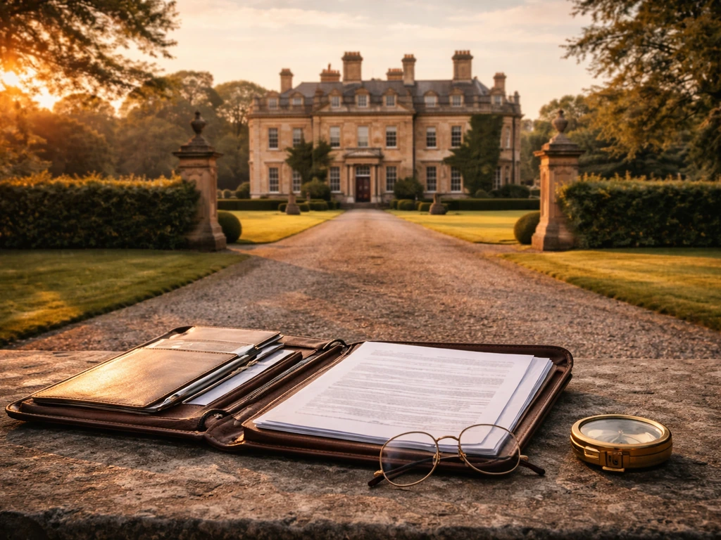 Golden-hour photo of a UK estate façade with an open leather portfolio and documents in the foreground.