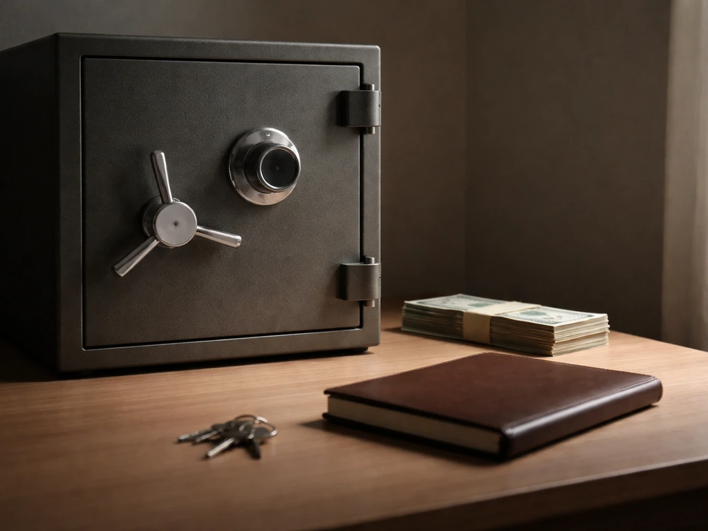 Minimal still life of currency notes and a ledger beside a closed safe, suggesting assets versus liabilities.
