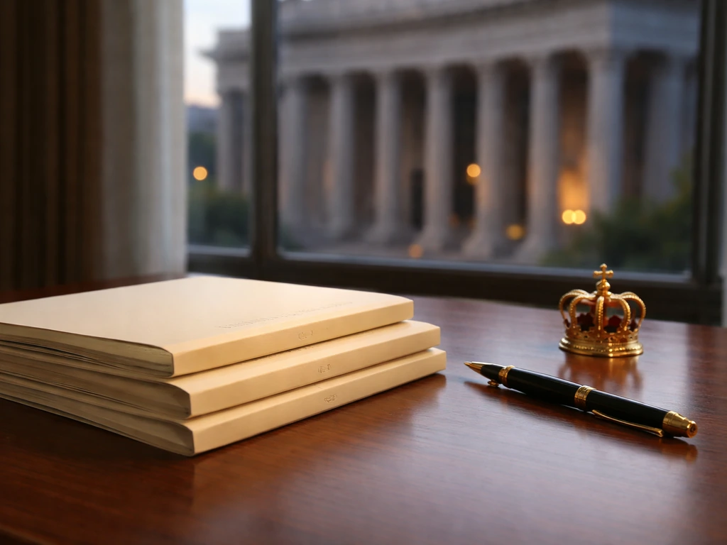Minimal desk with folders, pen, and crown paperweight symbolizing institutional royal funding.