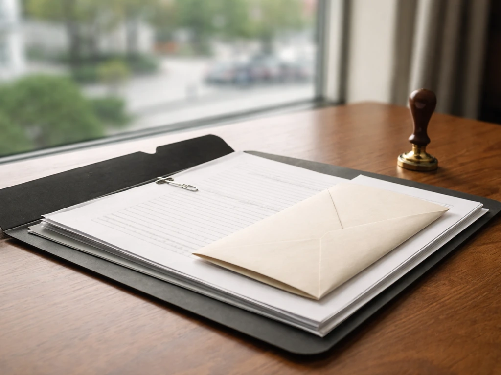 Open legal documents and stamped folder on a wooden desk, implying trust record linkage concept.