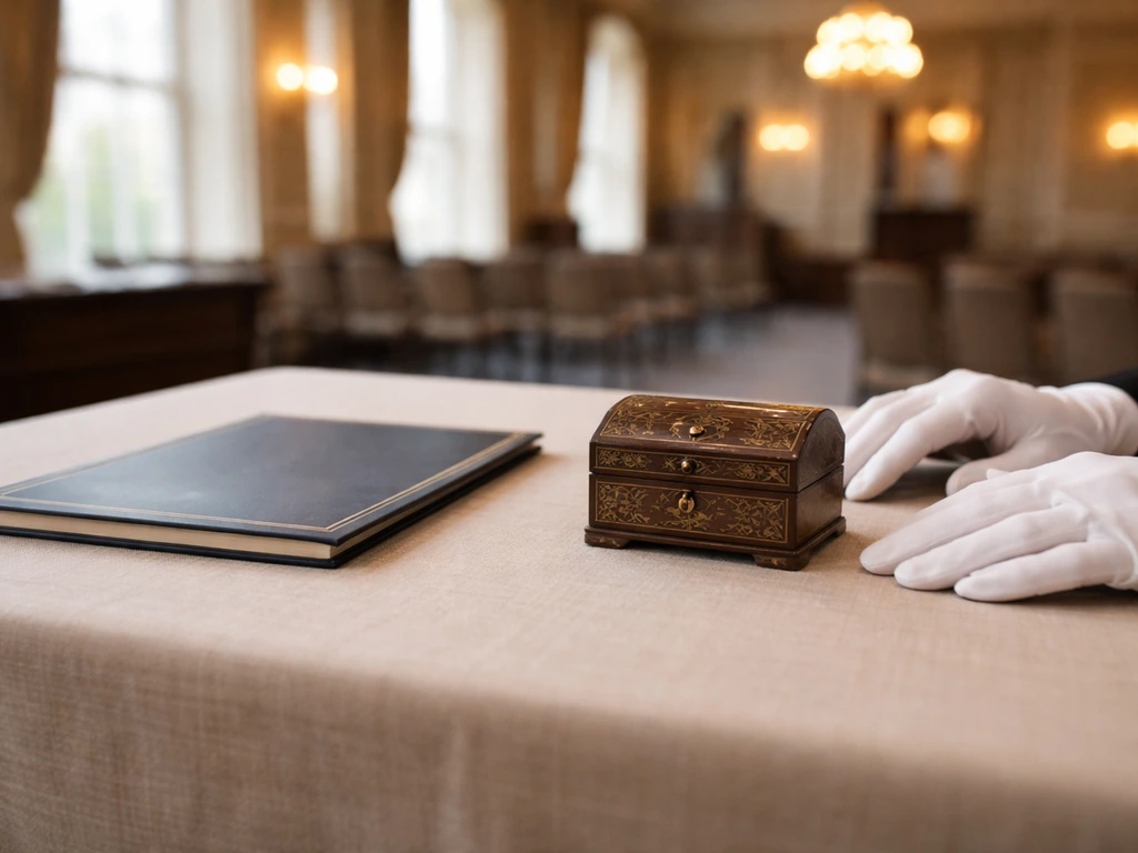 Auction house desk with gloved hands near an ornate lot box and catalog, ready for appraisal