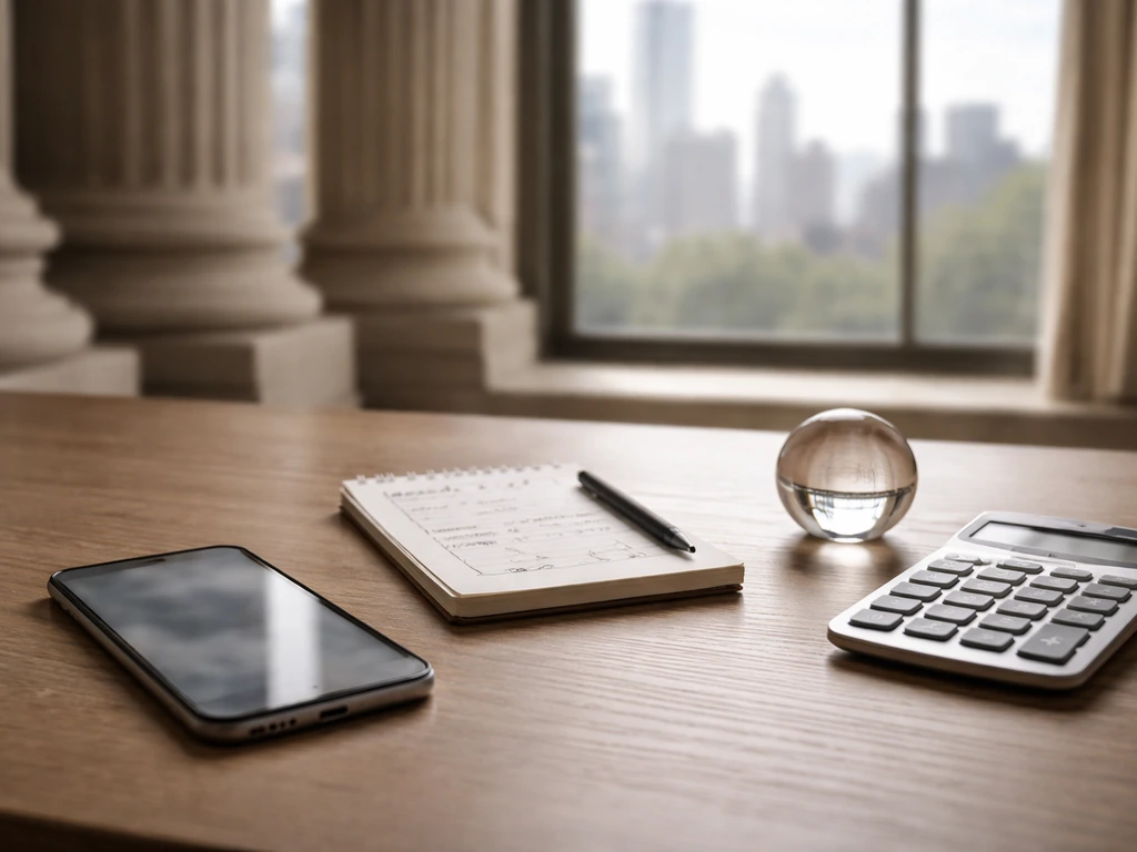 Anonymous analyst desk with calculator and phone beside a windowed skyline, suggesting wealth research.