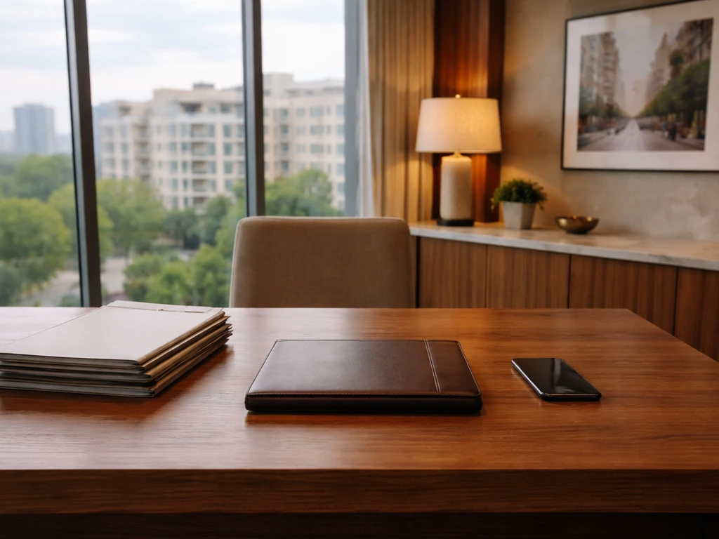 Minimal upscale office desk with property folders and a blurred city skyline, symbolizing a real estate family.