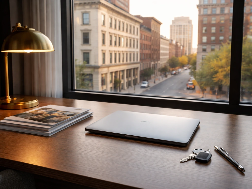 Empty modern office desk with real-estate paperwork and a building view, symbolizing a New York real estate dynasty.