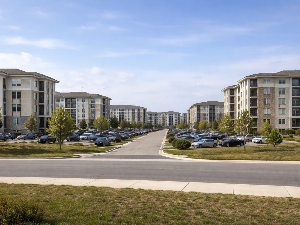 Sunlit view of a large apartment community cluster with multiple mid-rise buildings and parking lots