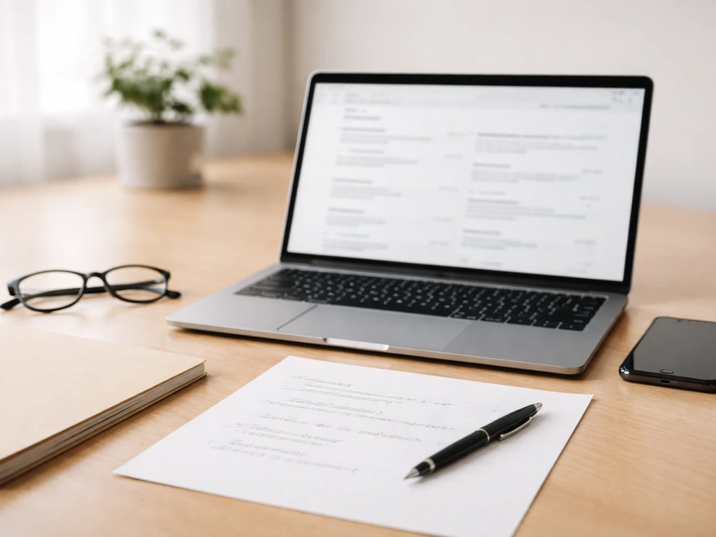 Minimal desk with laptop search results (blurred) and a blank handwritten worksheet for verifying entity names.