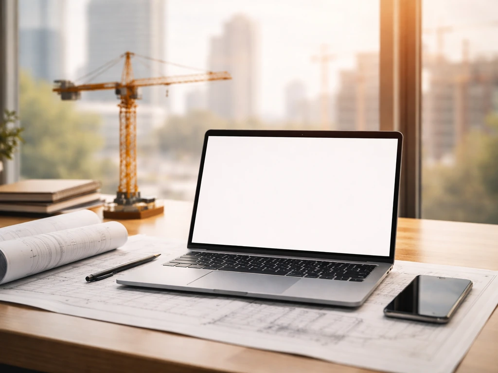 Minimal office scene with a laptop and a subtle construction-and-finance atmosphere symbolizing wes maas net worth.