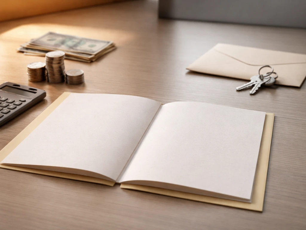 Close-up of a desk with scattered money, a calculator, and an open folder suggesting assets minus liabilities