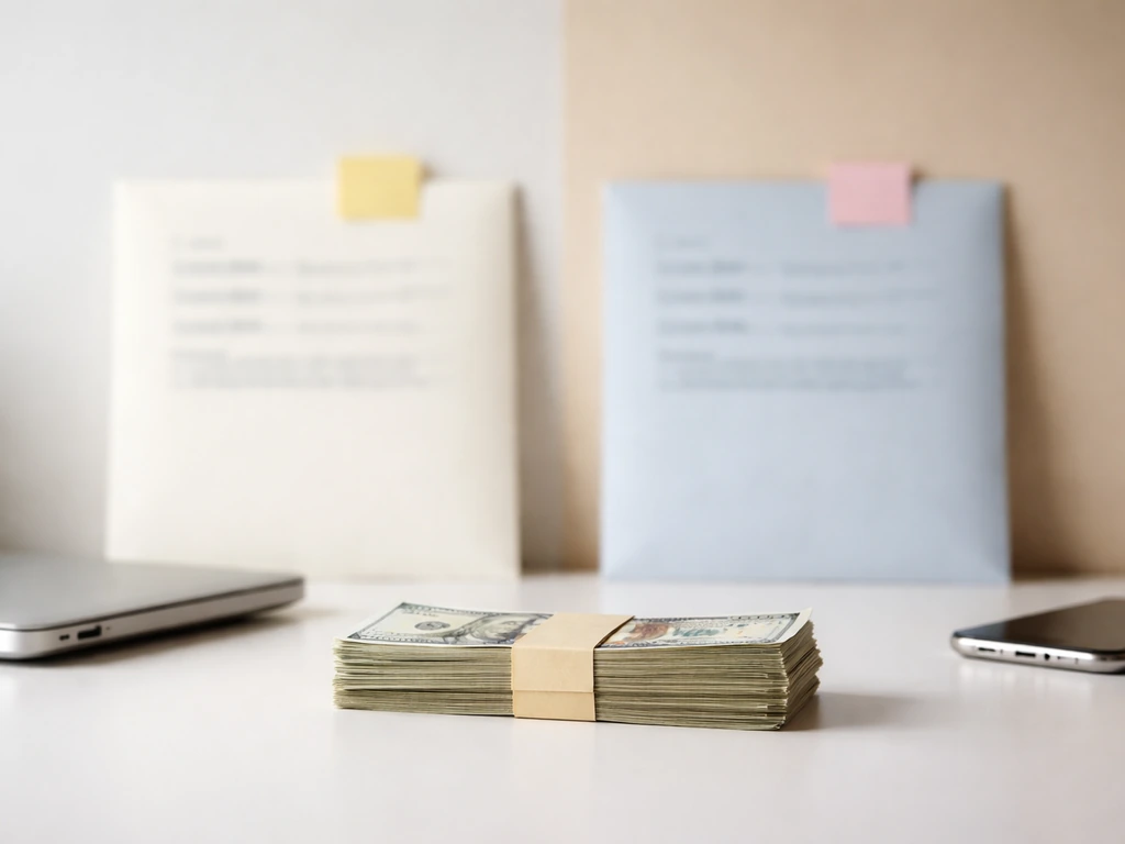 Minimal desk scene with envelopes and money suggesting changing reported figures over time, no text.