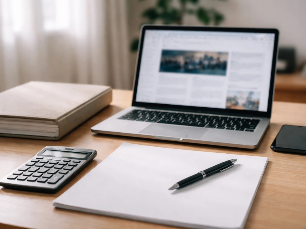 Minimal desk with laptop, calculator, and blank paper suggesting how to verify a net worth claim