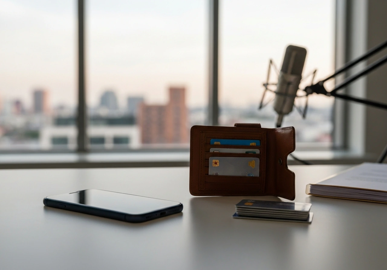 Minimal desk scene with smartphone and wallet, suggesting research into an entertainment manager’s net worth