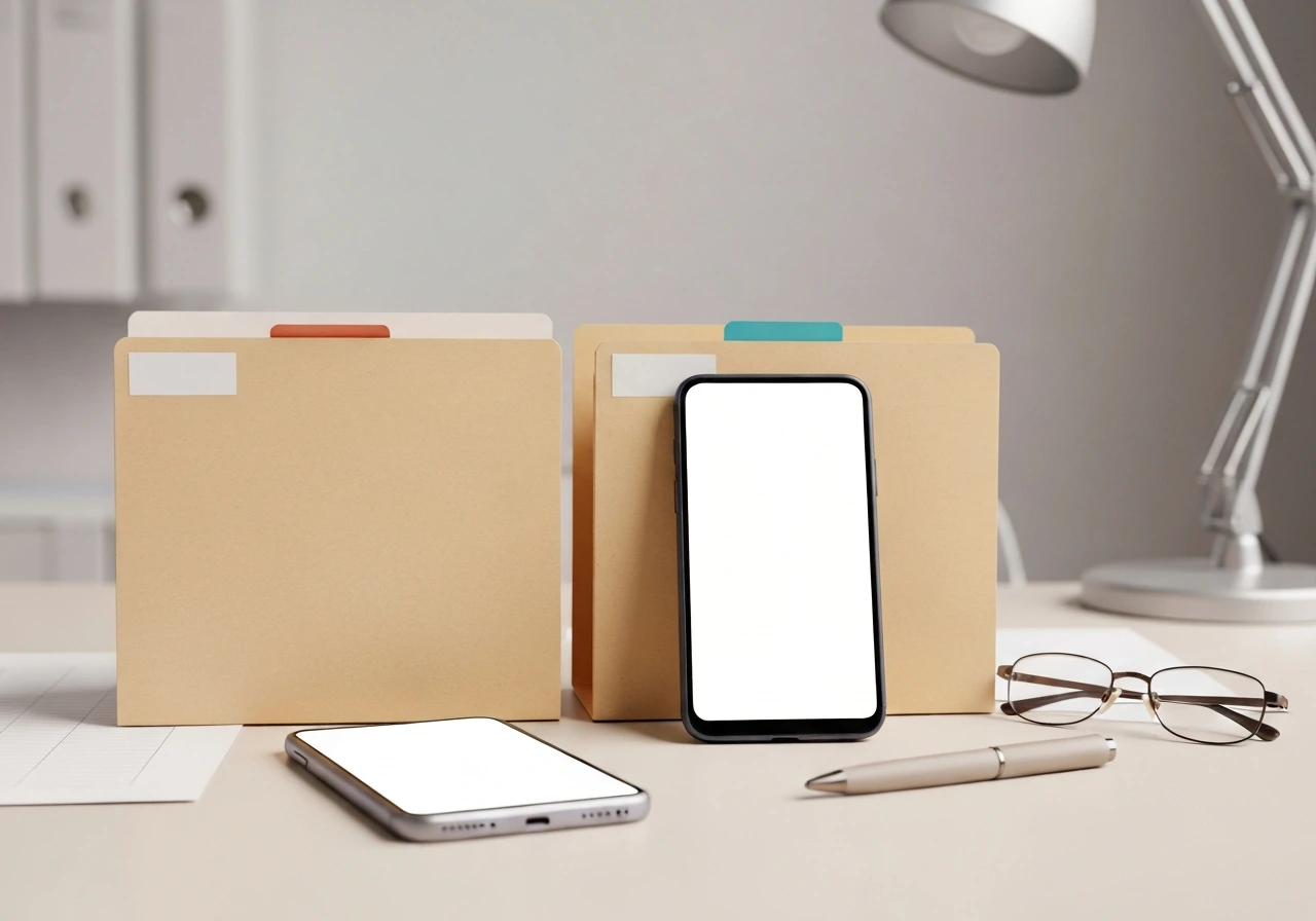 Minimal photo showing two anonymous folders and a smartphone for identifying different public individuals