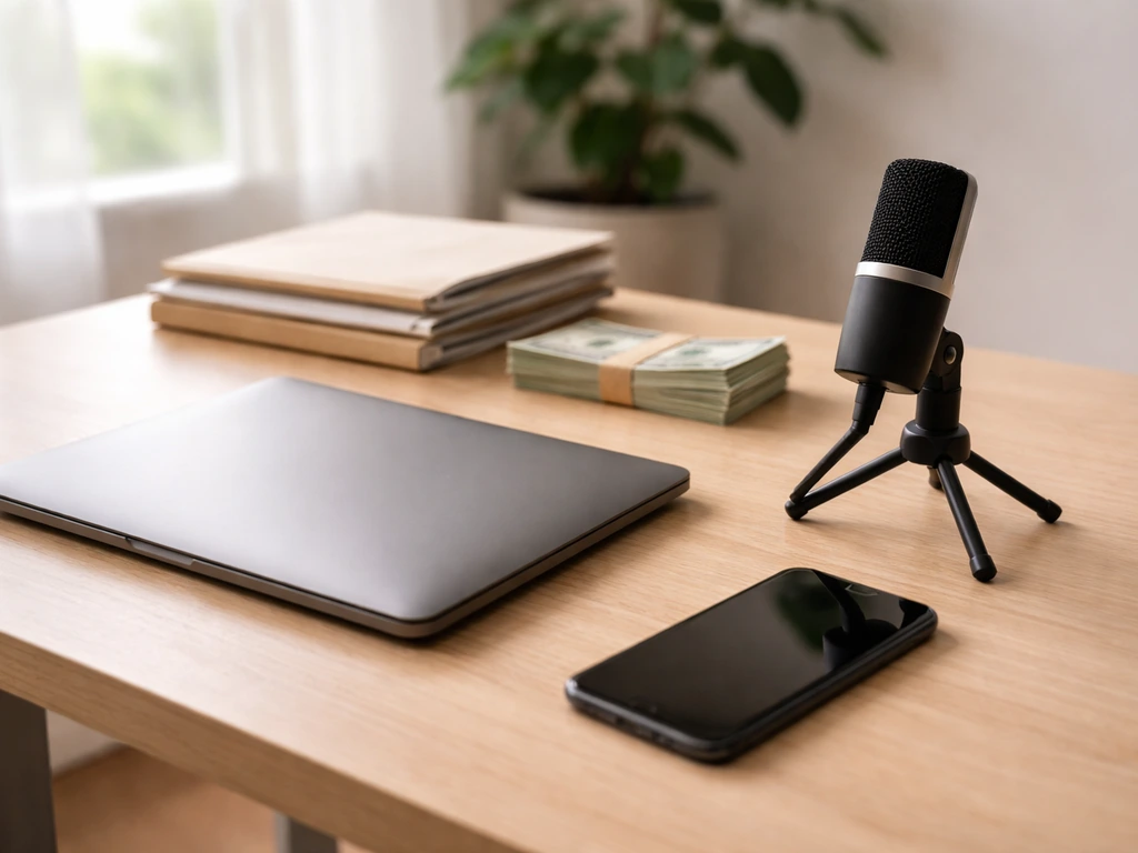 Minimal desk scene with microphone, smartphone, and cash suggesting entertainment career management and income.
