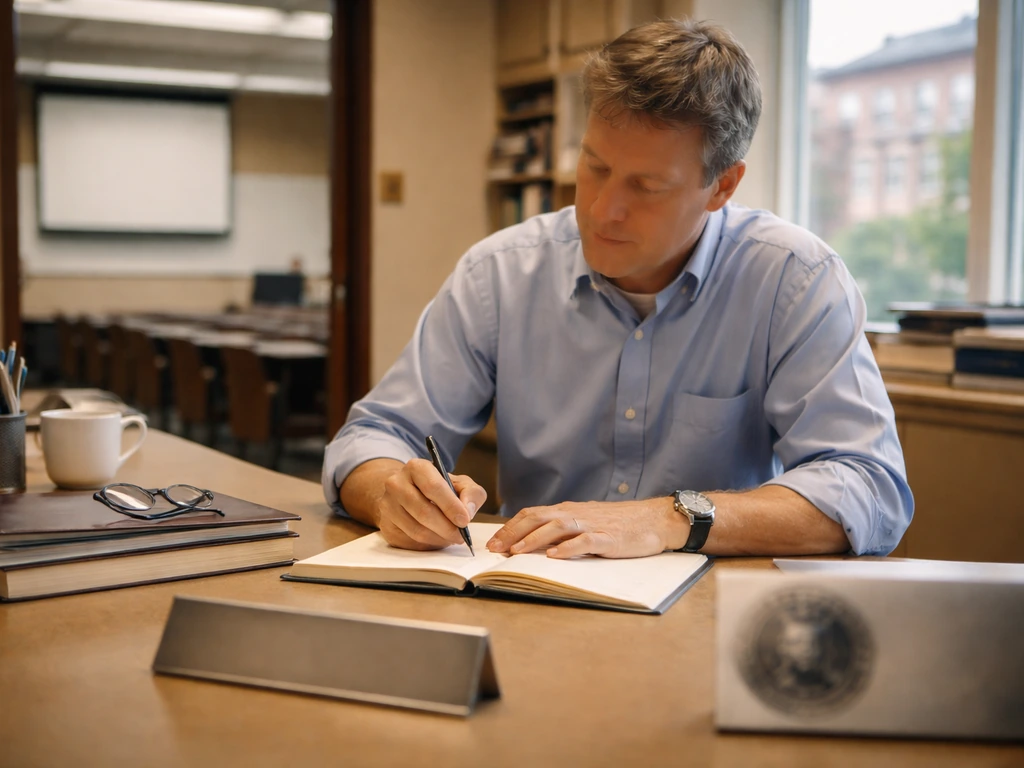 Anonymous scientist at a desk with NSF-style signage and a university lecture backdrop, suggesting Walter E. Massey’s id