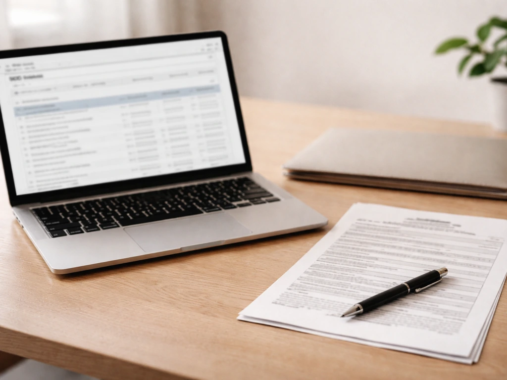 Close-up of a laptop and printed SEC-style filing document on a desk, businesslike and minimal.