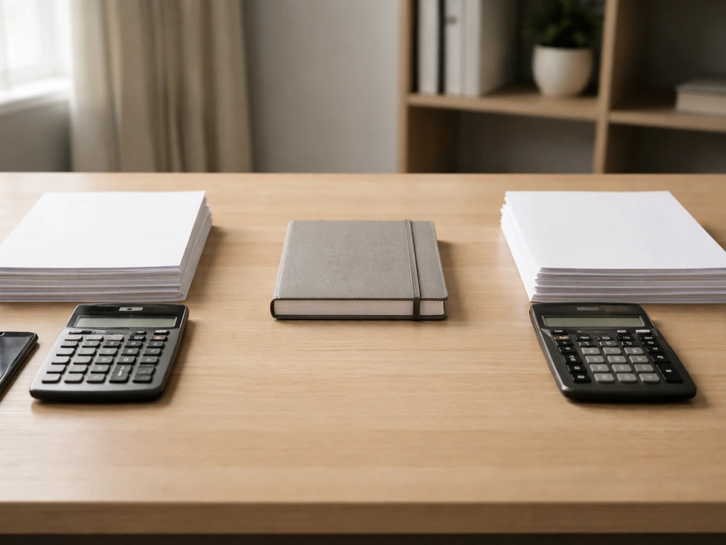 Minimal office desk with two document stacks and calculators suggesting differing valuation assumptions.