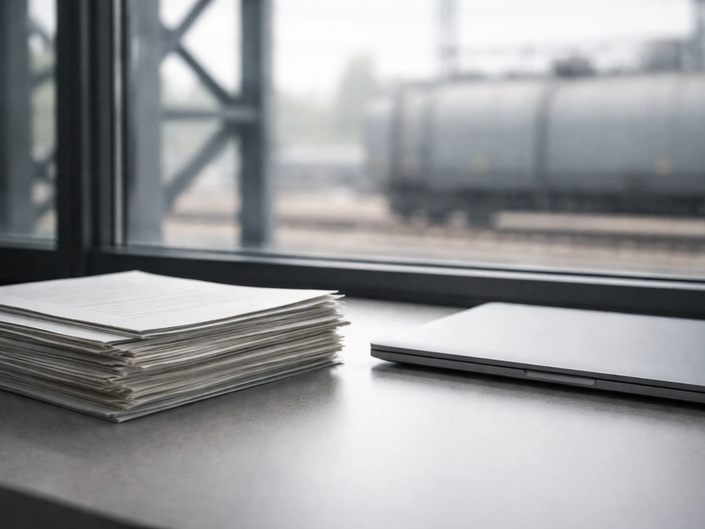 Close-up of financial documents and a laptop beside industrial equipment, symbolizing wealth research