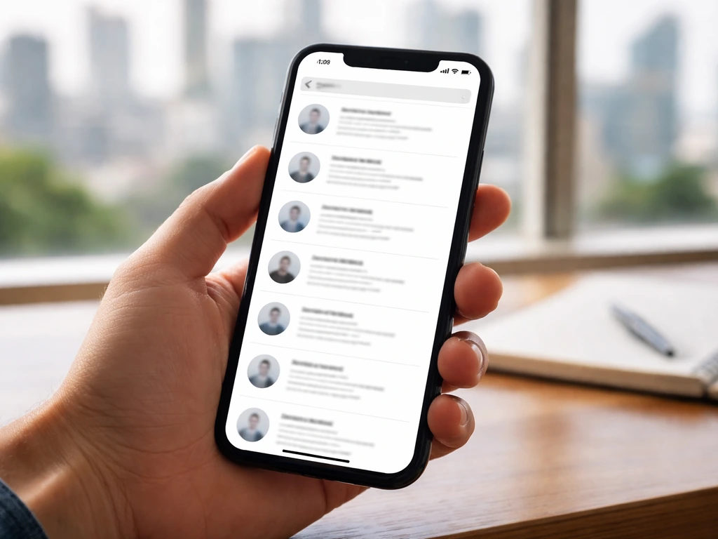 Hand holding a phone showing blurred search results with multiple indistinct profiles, suggesting name confusion.