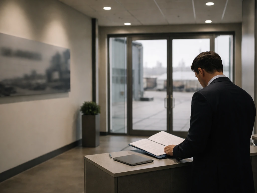 Industrial office entrance with rail supply signage and a man in a suit reviewing documents at a desk.