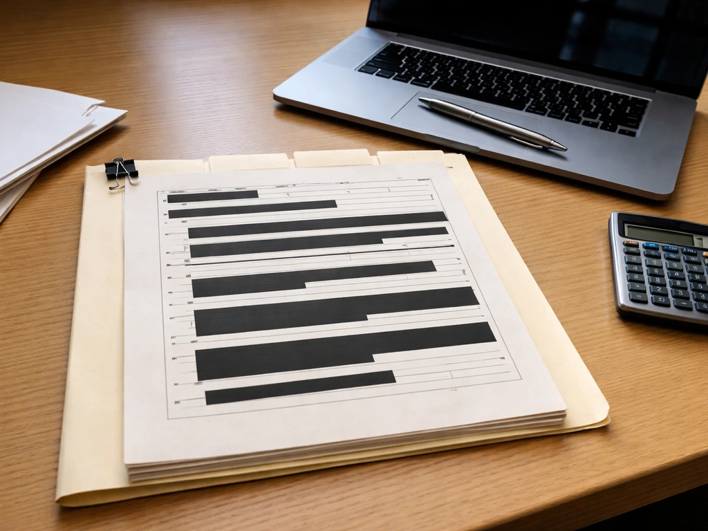 Redacted Florida business filing papers and a pen on a desk beside a calculator, representing Omnicast LLC ownership rec