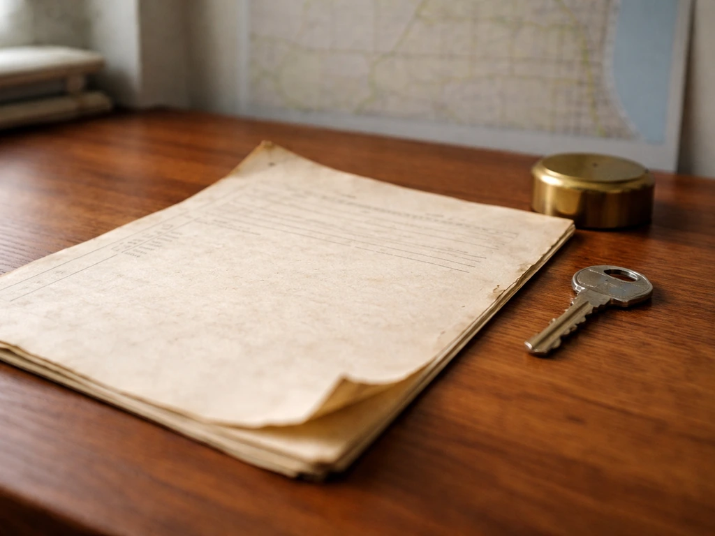 Close-up of a real estate deed document on a desk with a blurred county map background, minimal and realistic.