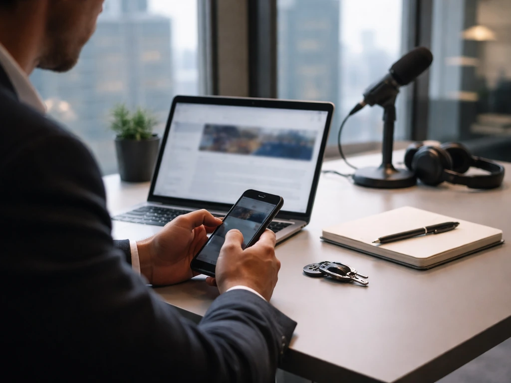 Anonymous executive at a desk with phone, blurred financial news, and podcast gear in a modern office.