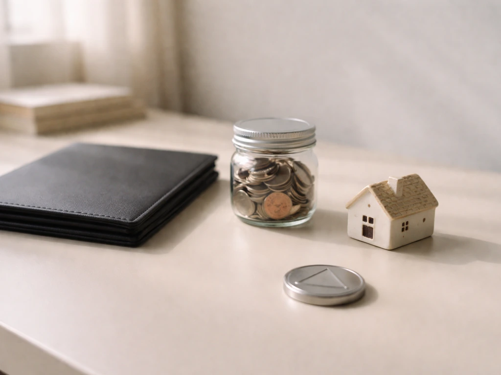 Minimal desk scene with four simple objects symbolizing equity, liquid accounts, and real estate categories.