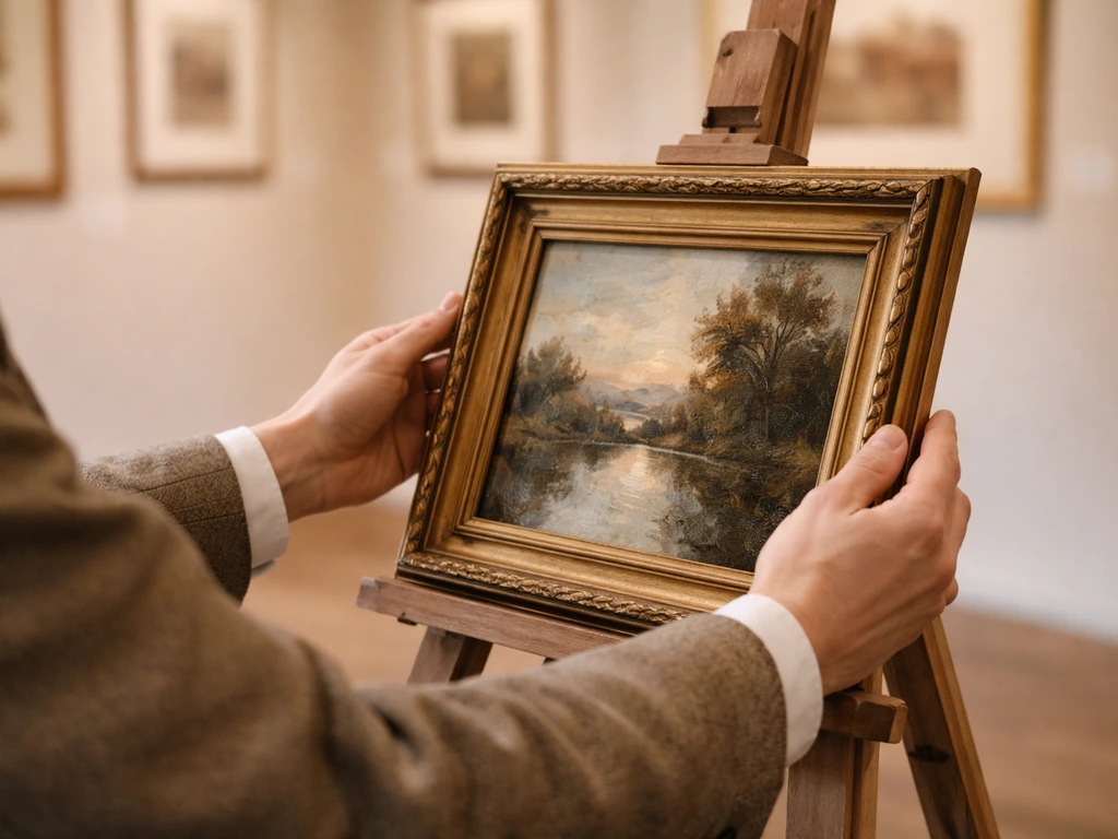 Hands examining a small framed oil painting inside a quiet art gallery with softly blurred frames behind