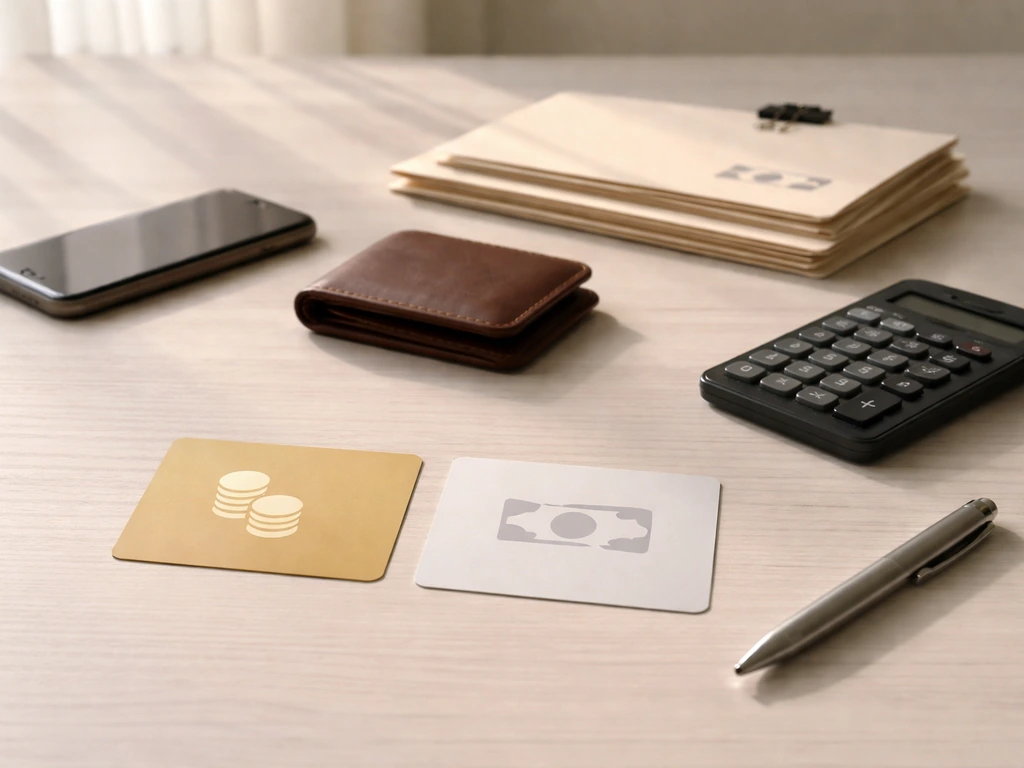 Minimal desk scene with calculator and two labeled cards showing assets and liabilities concept.