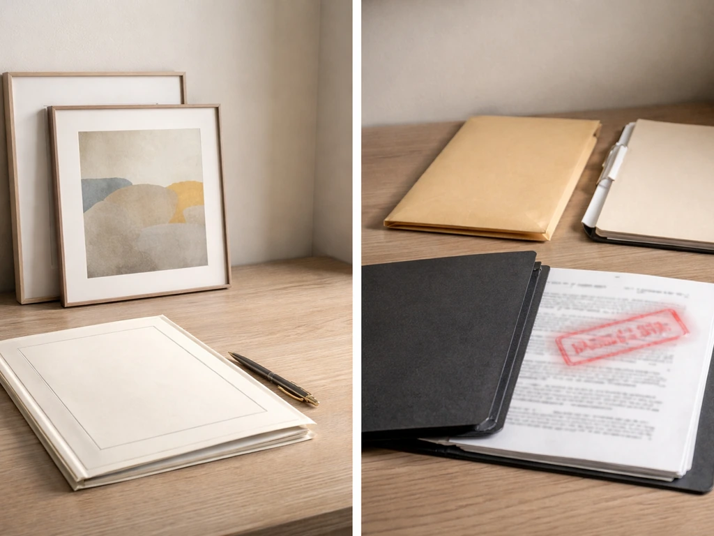Tabletop contrast of framed art and valuation-style papers versus loan/debt paperwork envelopes.