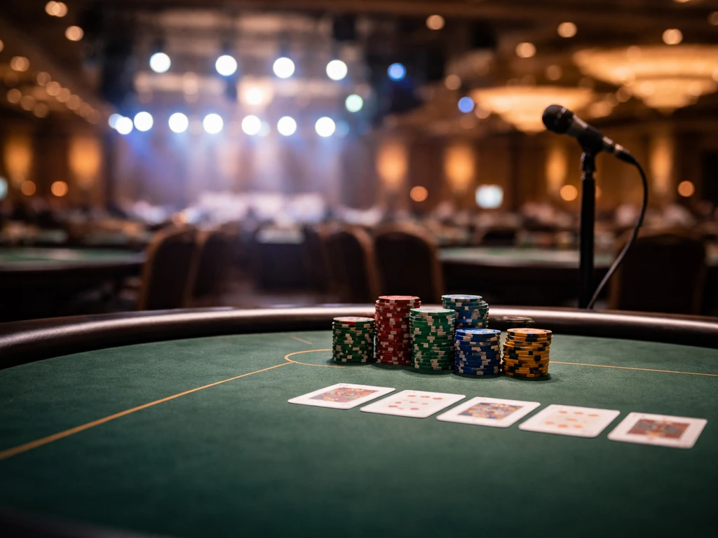 Poker chips and playing cards on a casino table with soft lights, hinting at wealth and media coverage.