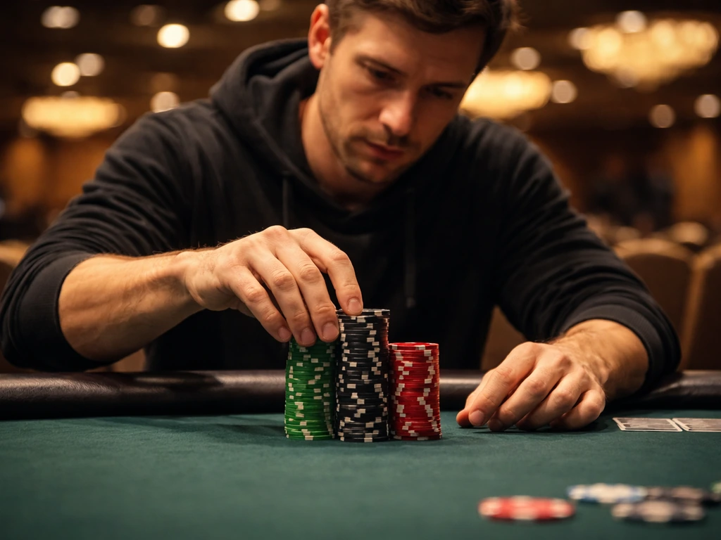 Anonymous poker player’s hands placing chips at a felt table in a softly lit poker room.