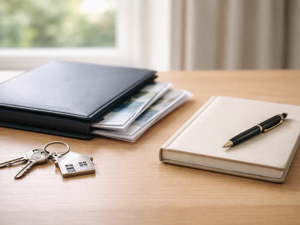 Desk still-life with house keys, an investment binder, and a blank ledger to symbolize net-worth assets.