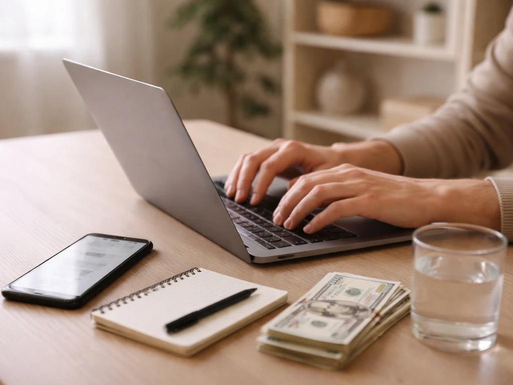Hands using a laptop and phone on a desk, symbolically checking an online earnings page.