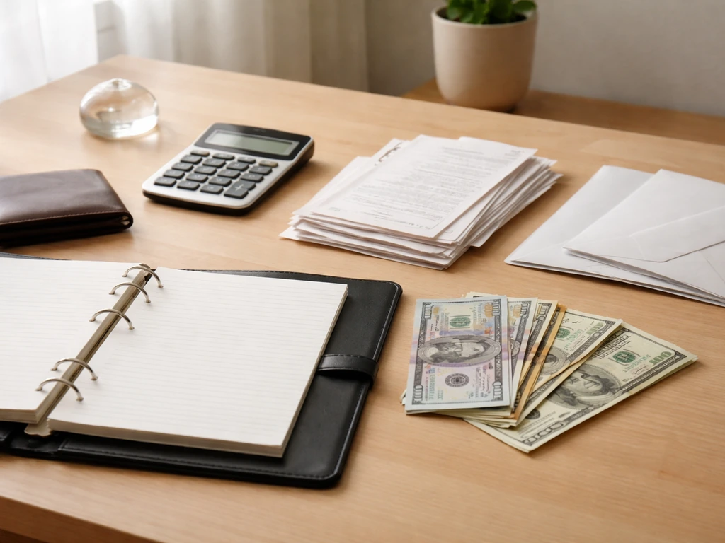 Minimal photo of an anonymous portfolio binder and calculator beside banknotes and receipts, symbolizing assets vs liabi