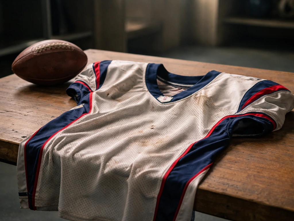 Game-worn NFL jersey on a wooden table beside a football, archival locker-room feel, no people.