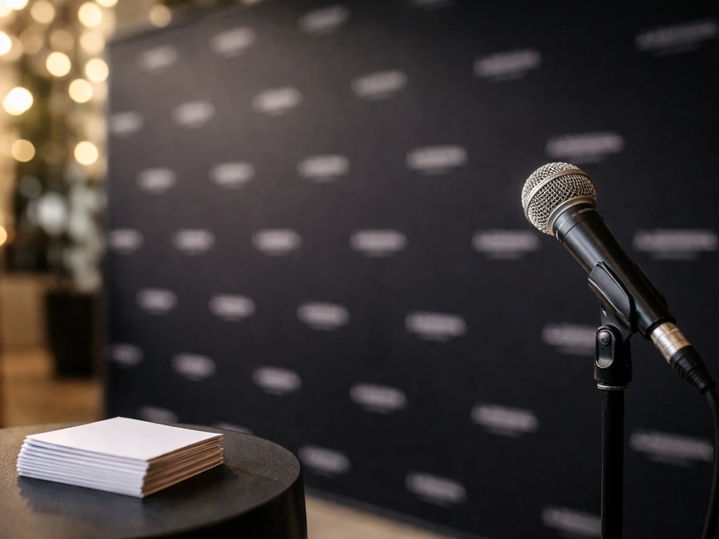 Empty media event setup with a microphone and business cards, suggesting endorsements and appearances.