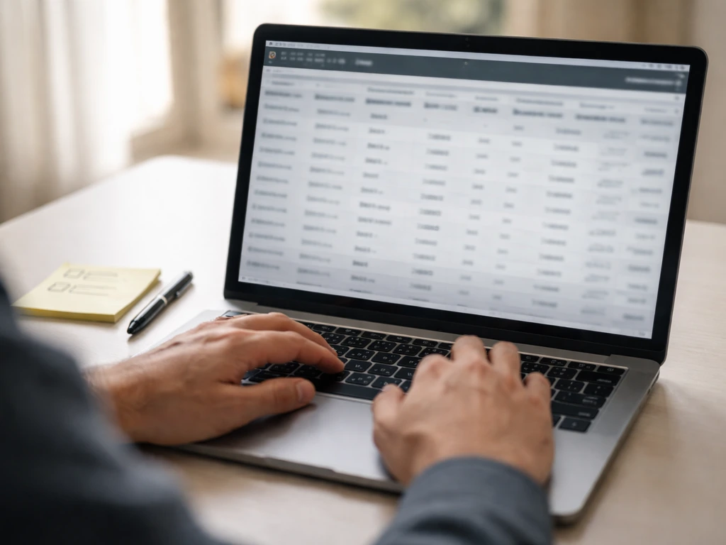 Close-up of hands reviewing a contract database page on a laptop with a notepad nearby.