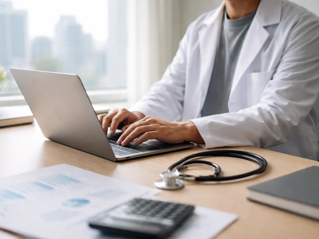 Physician in a quiet home-office scene with a laptop and scattered financial documents, symbolizing private net worth es